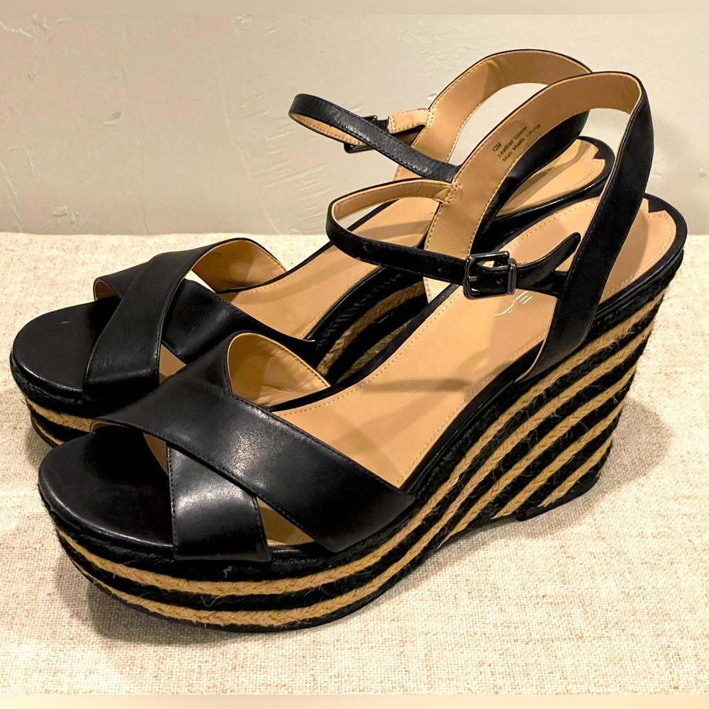 Via Spiga platform leather and natural material wedge sandal